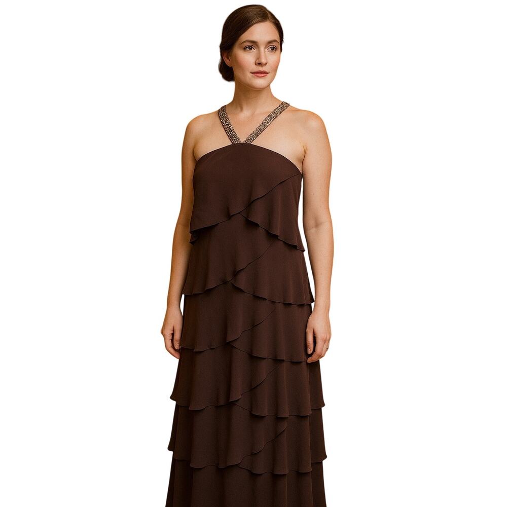 Daymor Couture 100% Silk Beaded Strap Tiered Gown Brown 12 Formal Evening Dress